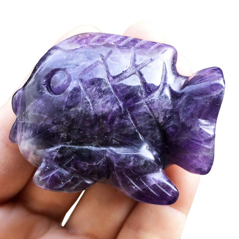 Fekuar Hand Carved Amethyst Fish Figurine, Healing Crystal Animal Statue Pocket Stone Reiki Home Decoration Fengshui Sculpture 2 Inches - Image 1